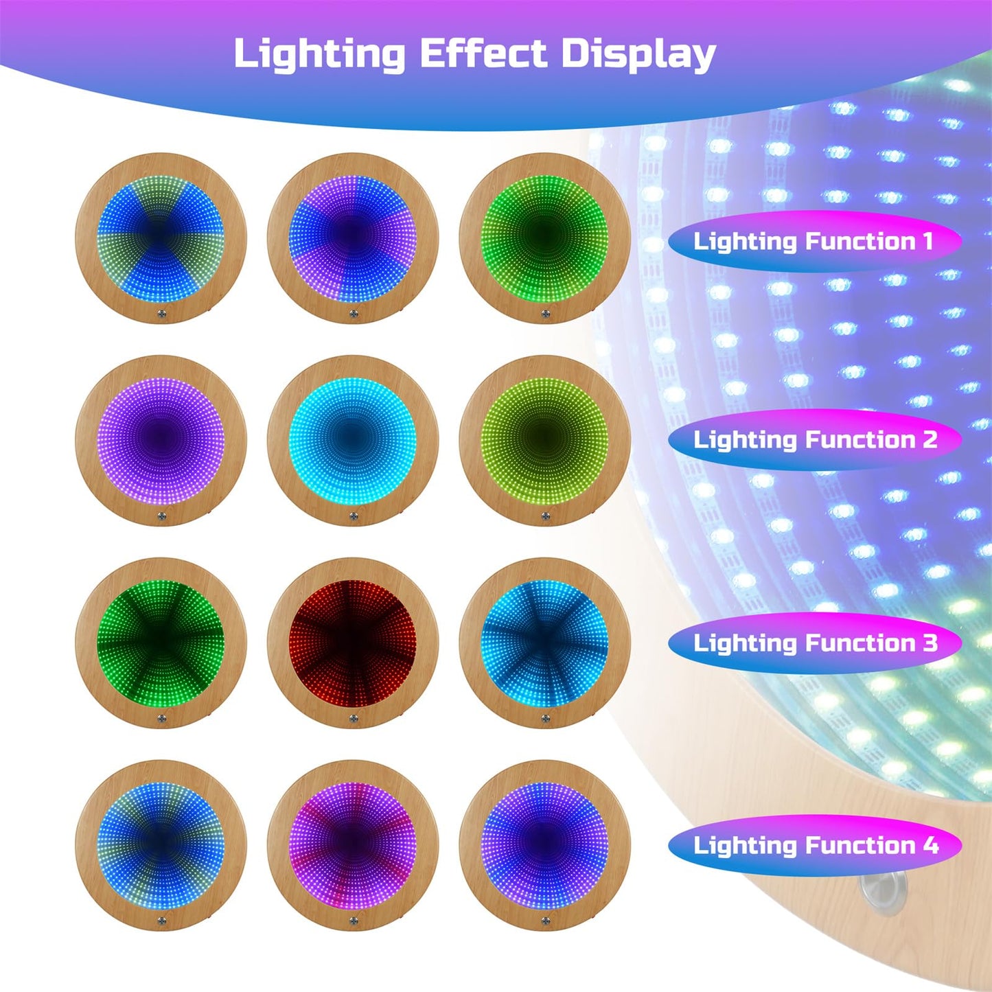Tenmind Circle Infinity Mirror Sensory - Wall-Mountable & Floor-Standing - Ideal for Sensory Rooms & Kids Support - Features Multiple Light Changes & Smooth Wood Grain Finish