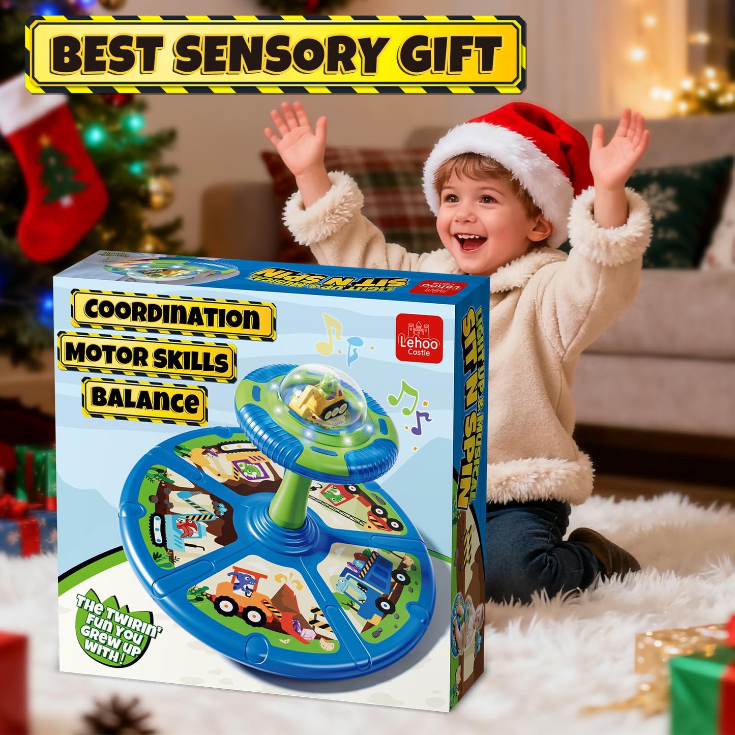Lehoo Castle Dino Construction Truck Sit and Spin Toys for Toddlers 1-3 Boys, 360° Toddler Spinning Seat with Lights and Music, Sensory Toys Christmas Birthday Gift for Kids Age 2 3 4 5