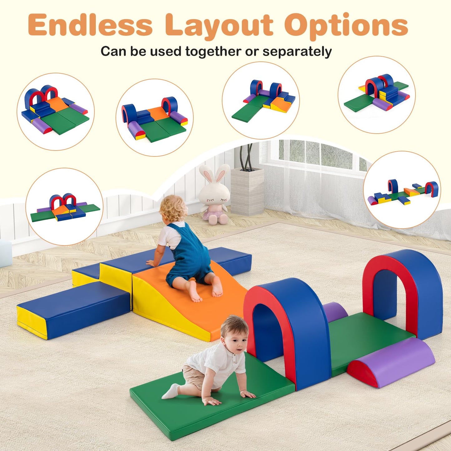 COSTWAY Kids Soft Play Set, 10 Pieces Baby Foam Climbing Blocks with Waterproof PU Leather, Indoor Toddler Climb and Crawl Activity Playset for Sensory Motor Skills