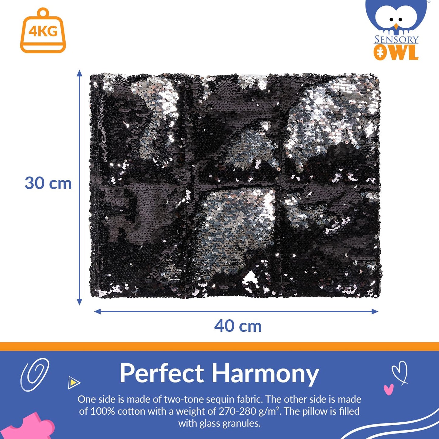 Sensory Owl Weighted Lap Pillow Two-Tone Sequin Pad To Relive Stress Anxiety Self-Calming Relaxing For Kids And Adults 30 x 40 cm 4 kg Black Silver