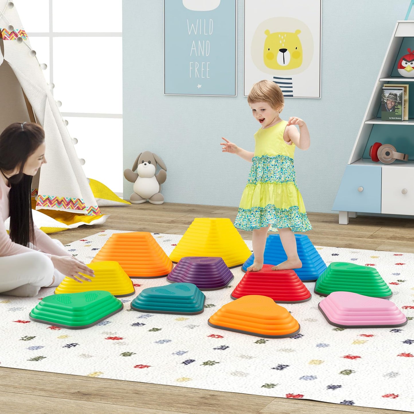 COSTWAY 11-Piece Kids Stepping Stones, Children Obstacle Course Stackable Balance Blocks with Full Non-Slip Edge, Heart-Shaped Balance Stones for Toddlers