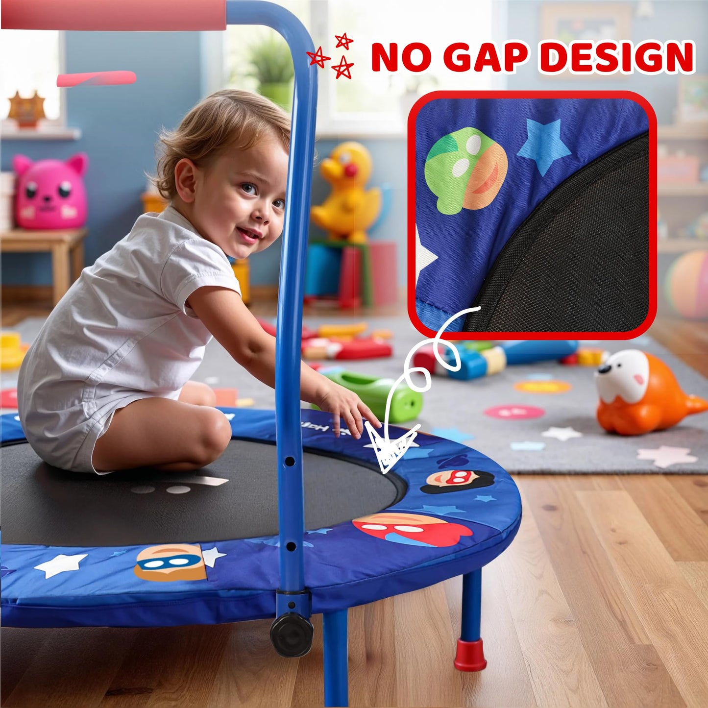 Happin 36" Mini Foldable Toddler Trampoline, Indoor Trampoline Kids with Height-Adjustable Handle, Noise-Free. Indoor & Outdoor with Super Safety Pad & Durable Steel Frame.