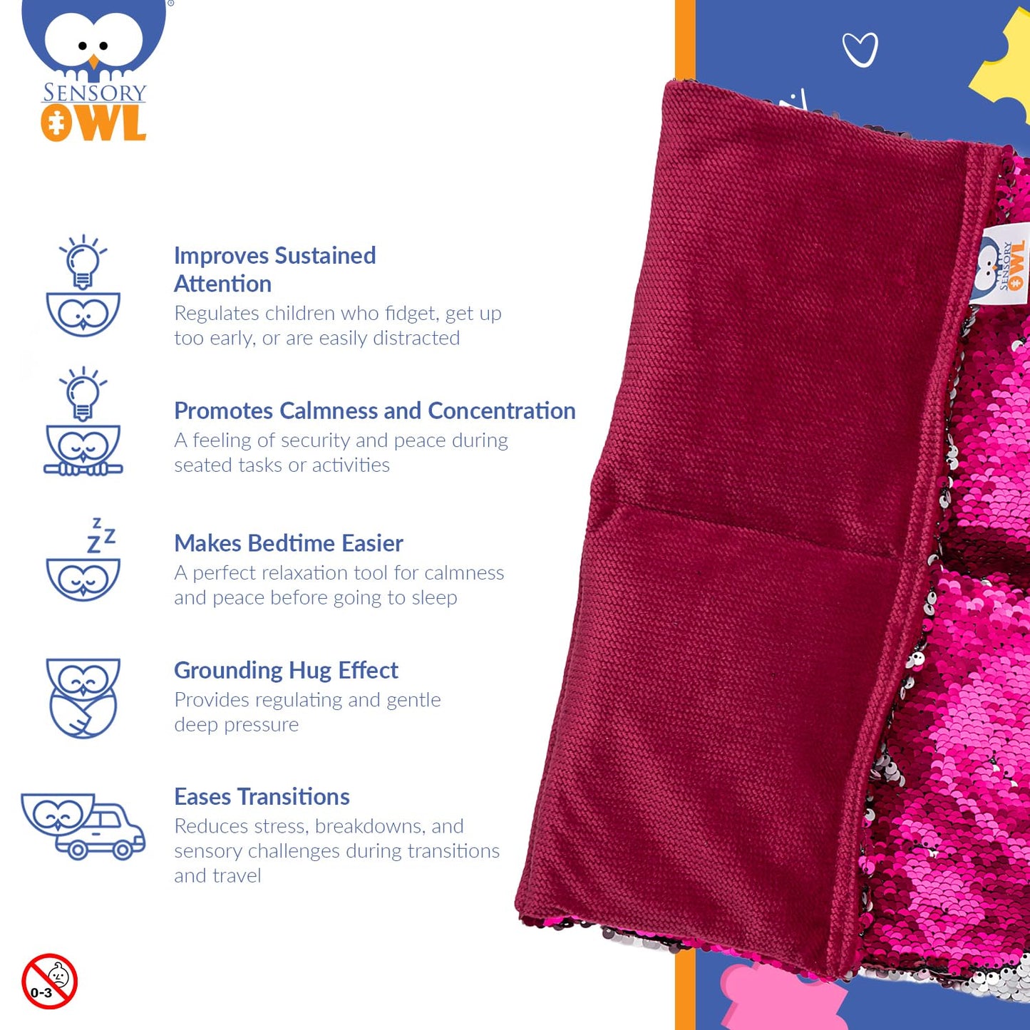 Sensory Owl Weighted Lap Pillow Two-Tone Sequin Pad To Relive Stress Anxiety Self-Calming Relaxing For Kids And Adults 30 x 40 cm 2 kg Pink