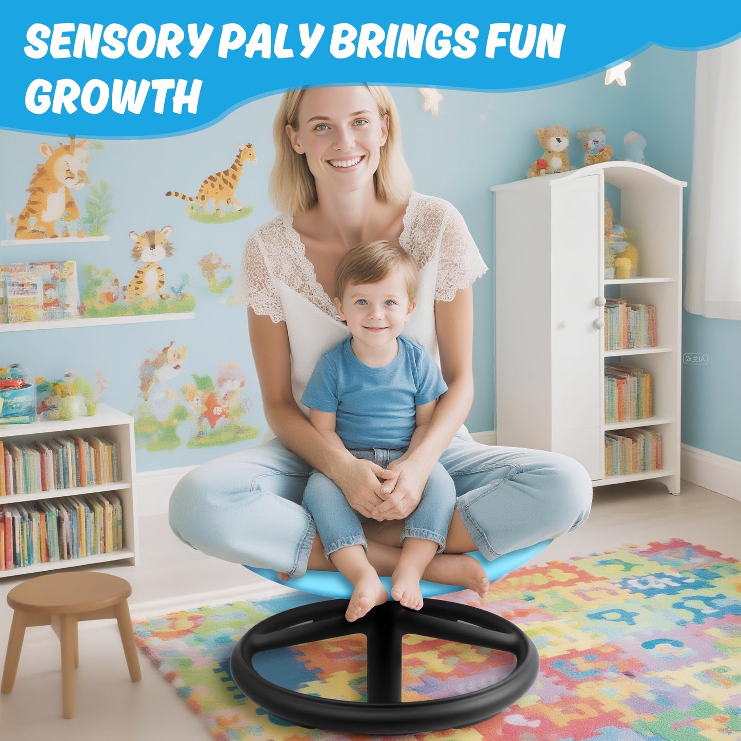 LGMCF Kids Sensory Spinning Chair, Spinning Chair for Autism & ADHD Children with Safety Handle & Non-Slip Design, Sensory Toy for Training Body Coordination (Blue)