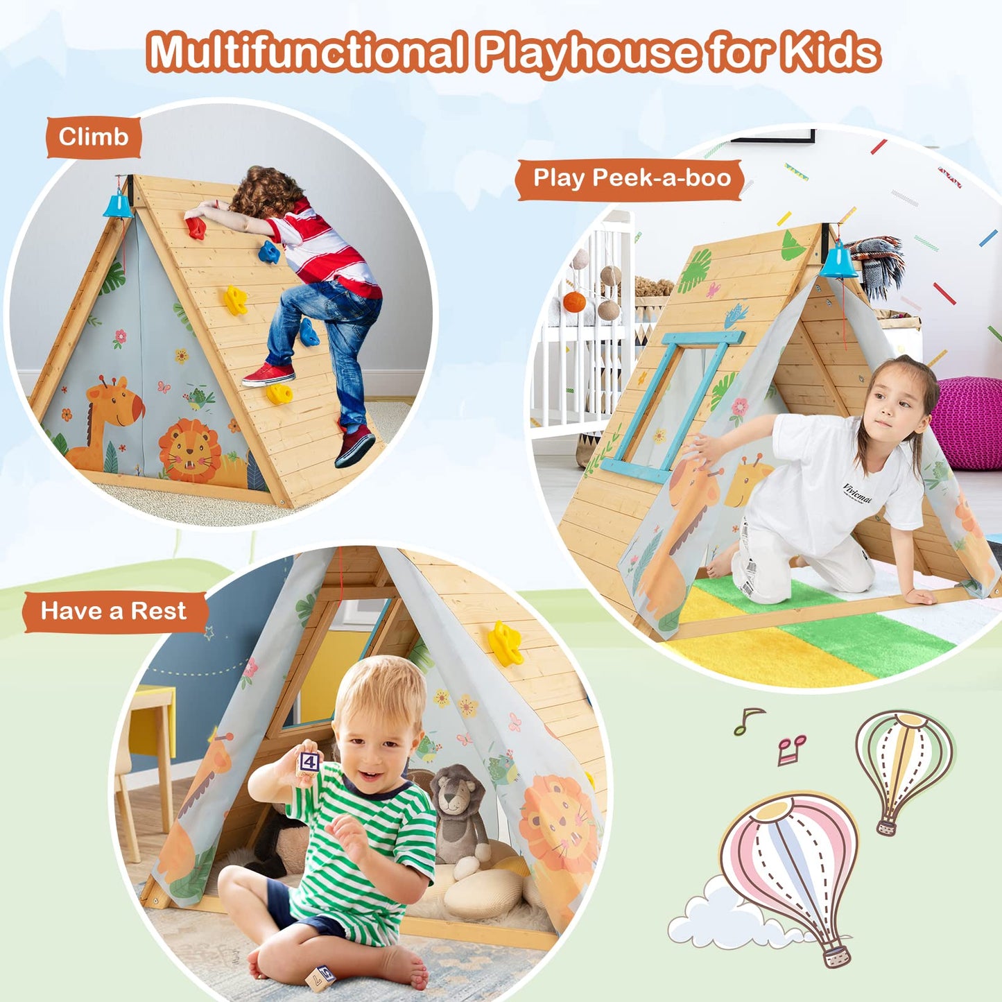 GYMAX Kids Wooden Playhouse, 2 in 1 Play Tent with Rock Climbing Wall, Ring Bell & Door