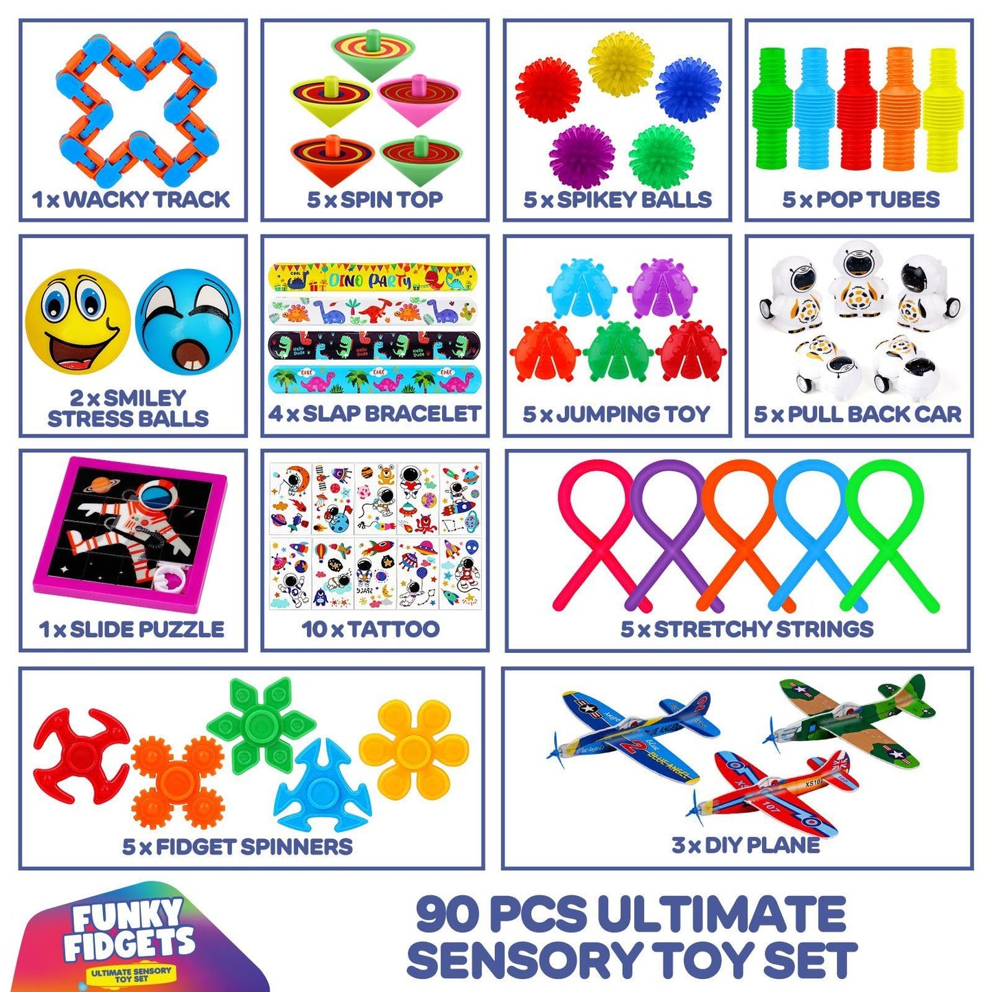 VB Fidget Toys Pack – 90-Pcs Kids Sensory Toys with Popper, Cube, Tubes, Stress Balls – Party Favours, Classroom Prizes – Anxiety, Stress Relief