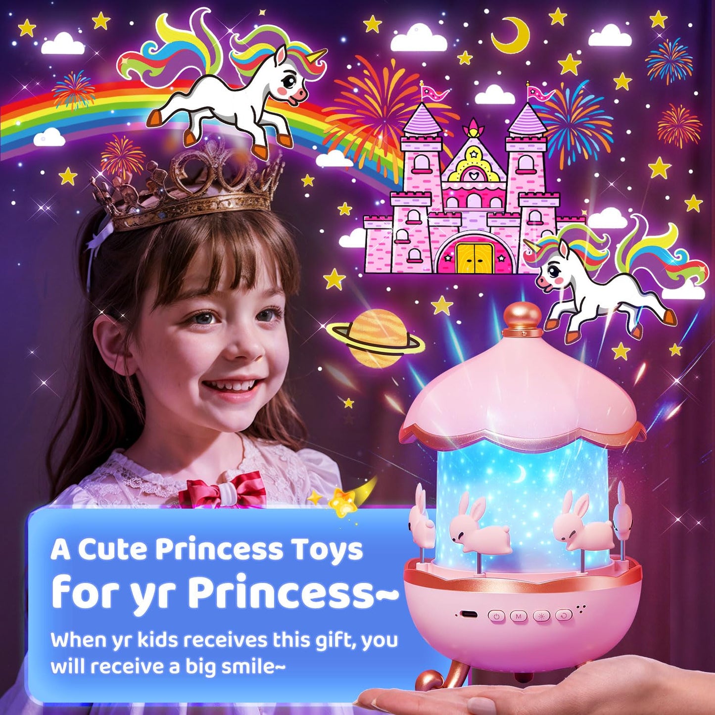 One Fire Night Light for Kids, Toys with 15 Films & 15 White Noises, Rechargeable 1200mAh Toddler Night Light with 360° Rotation, Remote Control Unicorn Gifts for Girls, Toys for 3-12 Year Old Girls