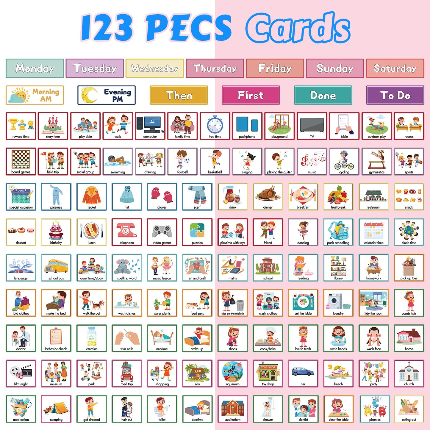 Visual Timetable, 123 Pecs Cards Weekly Routine Chart for Children, Magnetic Now and Next Board