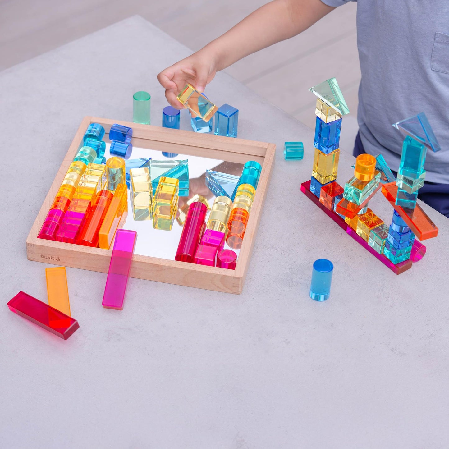 tickit Wooden Building Blocks & Crystal Gem Cubes Construction Set with Storage Tray – Mixed Shape Blocks for Stacking, Balance, Architecture, Small World & Creative Play