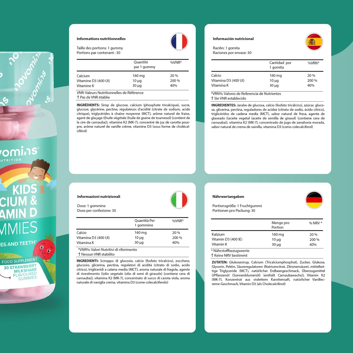 Calcium Gummies for Kids - 160mg Vegetarian Calcium Supplement Infused with Vitamin D & K2 - Healthy Bones & Teeth - 1 Month Supply - Alternative to Tablets - Novomins