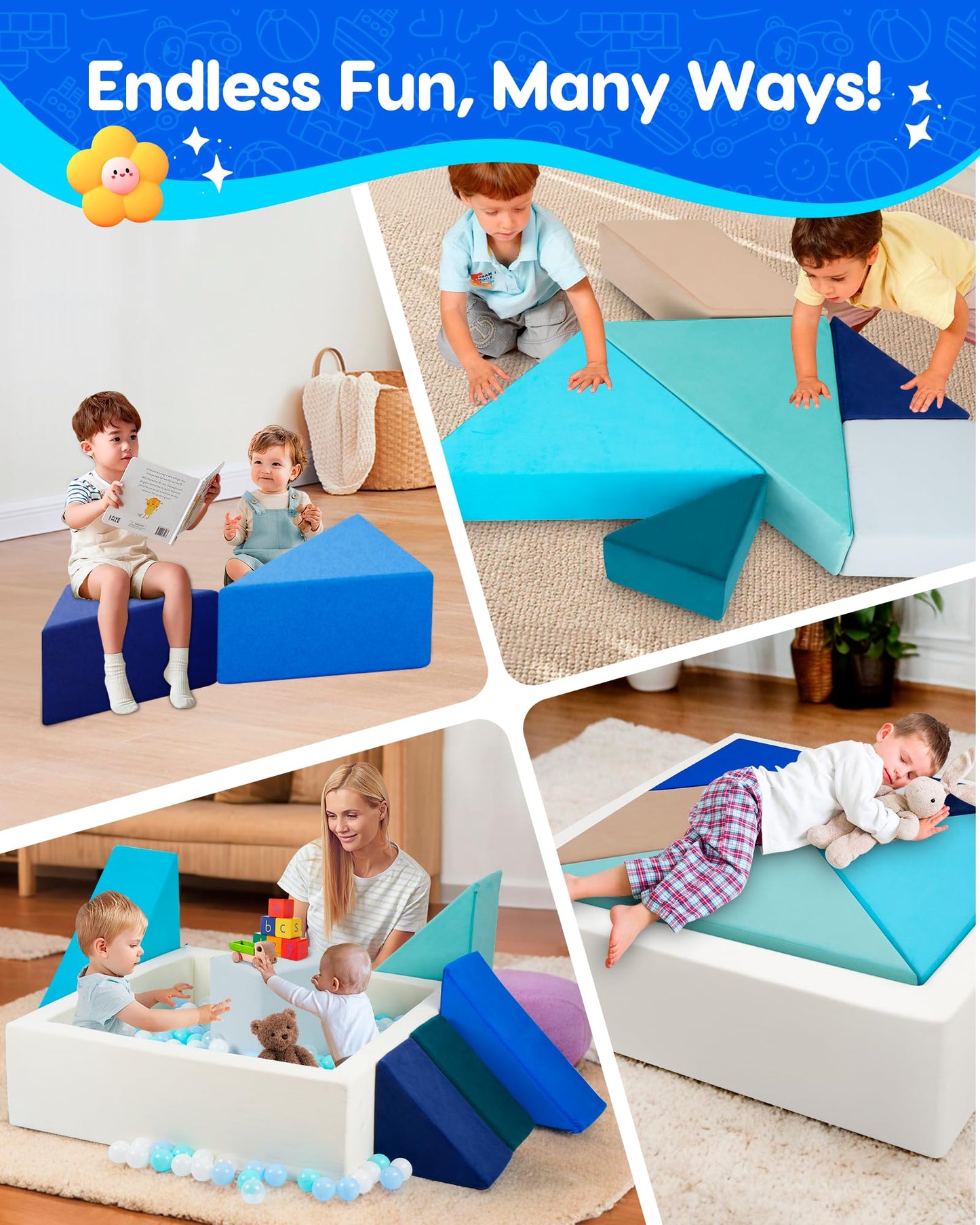 Heypappy Kids Play Sofa, Tangram Square Puzzles Couch Furniture, Modular Kids Play Couchs Furniture, Puzzle Solving Couchs Building Fort for Playroom Bedroom Boys Girls Teens, Ocean