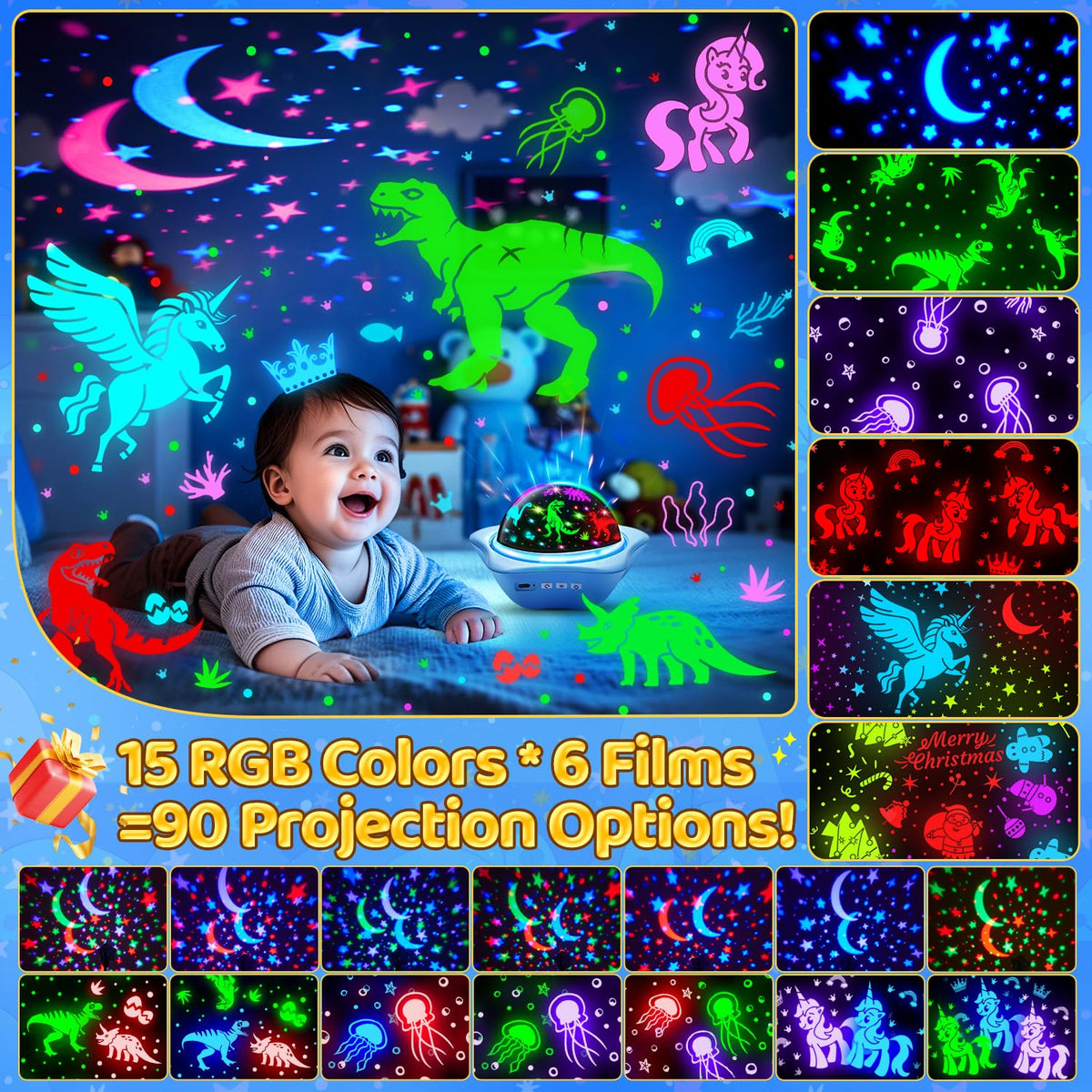 One Fire Sensory Toys for Autism, [6 Films + 90 Effects] Star Projector Night Light, [3 Brightness + 360° Rotate] Night Light Kids, Baby Sensory Toys for Babies, Galaxy Projector, Kids Gifts