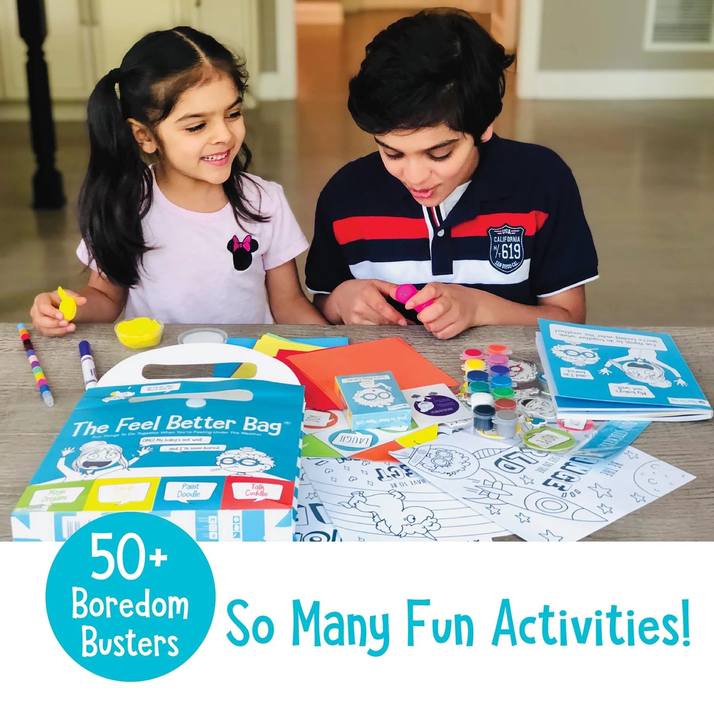 Feel Better Bag: Get Well Soon Kids Gifts Basket, 25+ Fun Activities, Playing Cards, Origami, Games, Clay Art, Magic Tricks - Great Gift for Kids After Surgery Ages 4+, Blue