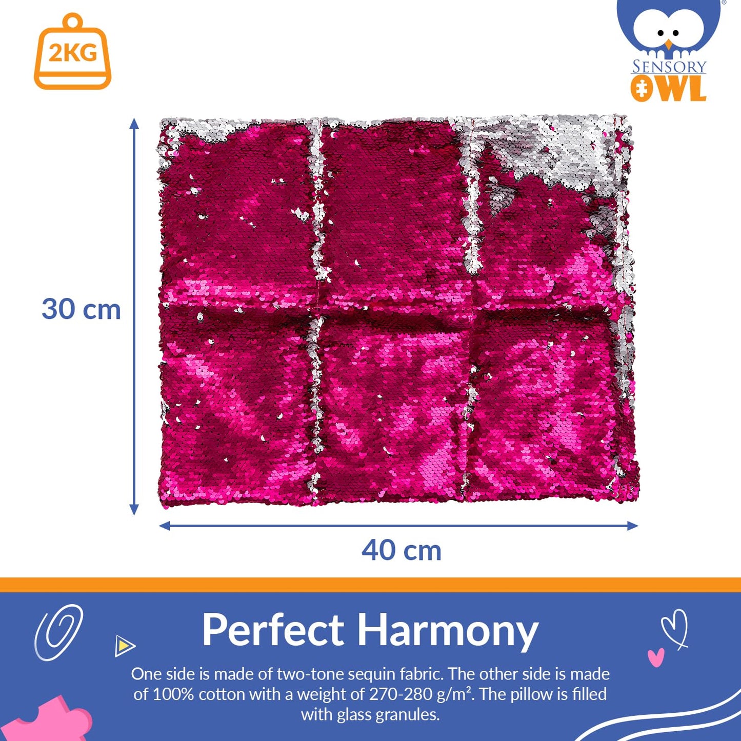 Sensory Owl Weighted Lap Pillow Two-Tone Sequin Pad To Relive Stress Anxiety Self-Calming Relaxing For Kids And Adults 30 x 40 cm 2 kg Pink