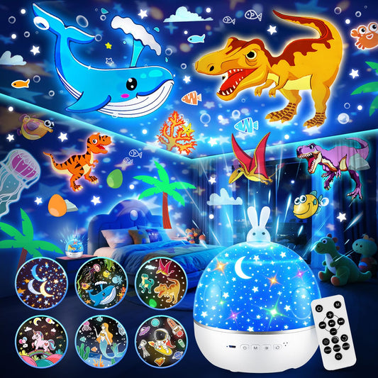 One Fire Night Light Projector, with 15 Films & Bluetooth Music and Remote-Controlled, Rechargeable Star Projector for Kids, Baby Sensory Lights, Ocean, Unicorn, Dinosaur Decor Gifts for Kids.