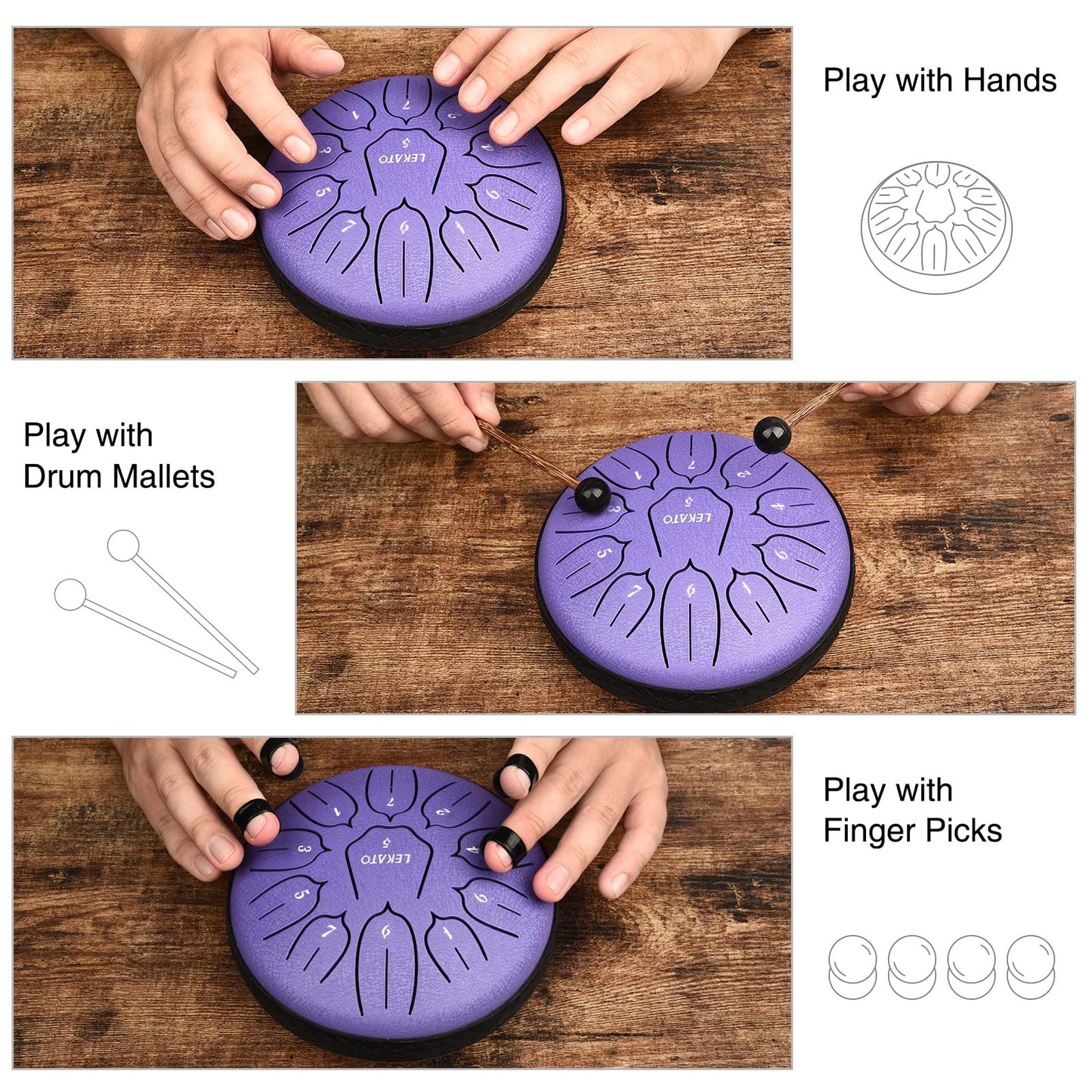 LEKATO Steel Tongue Drum 6 Inch 11 Note, D Key Handpan Rain Drum for Outside Garden Sound Healing, Steel Alloy Ethereal BalmyDrum with Storage Bag, Percussion Instrument Gift for Beginner, Purple