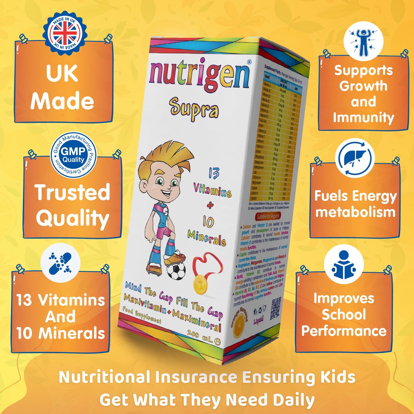 Nutrigen Supra Multivitamin & Mineral Orange Flavoured Liquid for Kids – 13 Vitamins & 10 Minerals, Fills Micronutrient Gap, Supports Growth, Immunity, and Mental Performance, 200mL