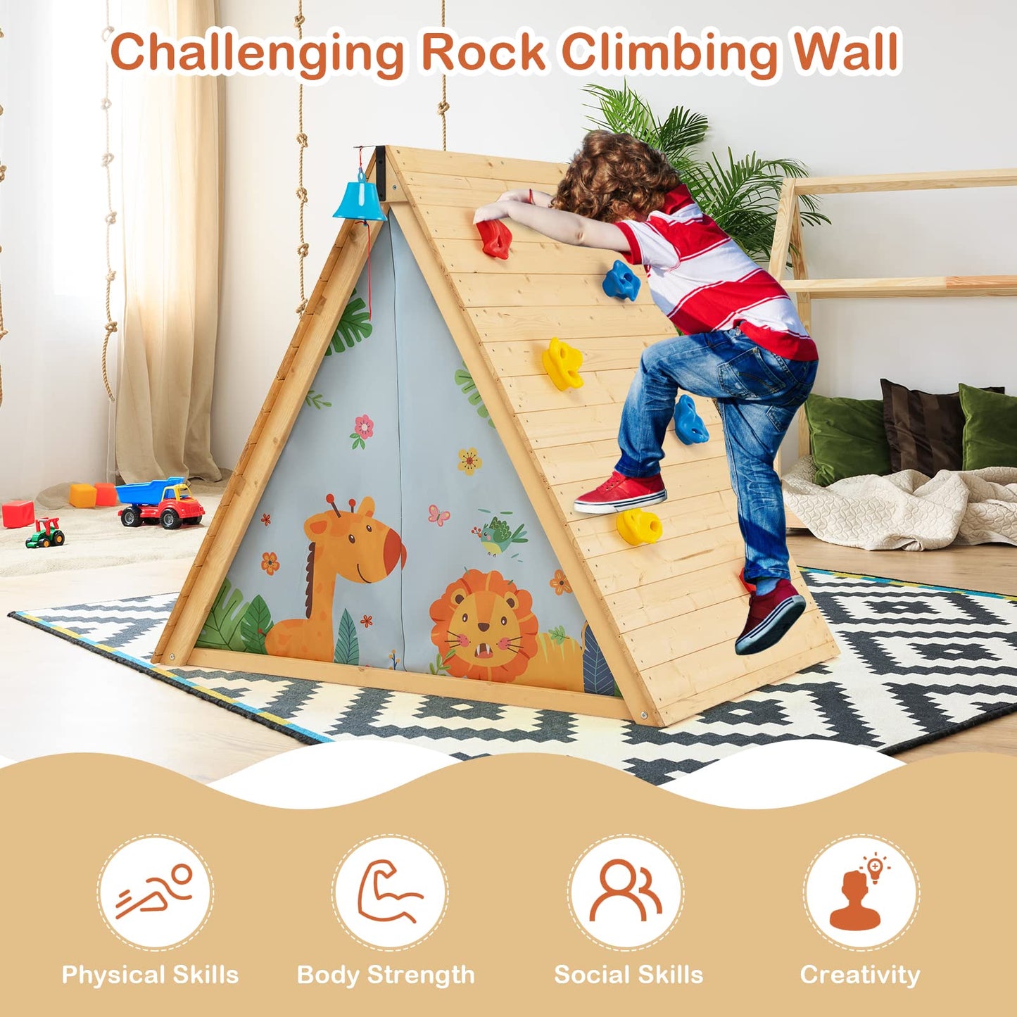 GYMAX Kids Wooden Playhouse, 2 in 1 Play Tent with Rock Climbing Wall, Ring Bell & Door