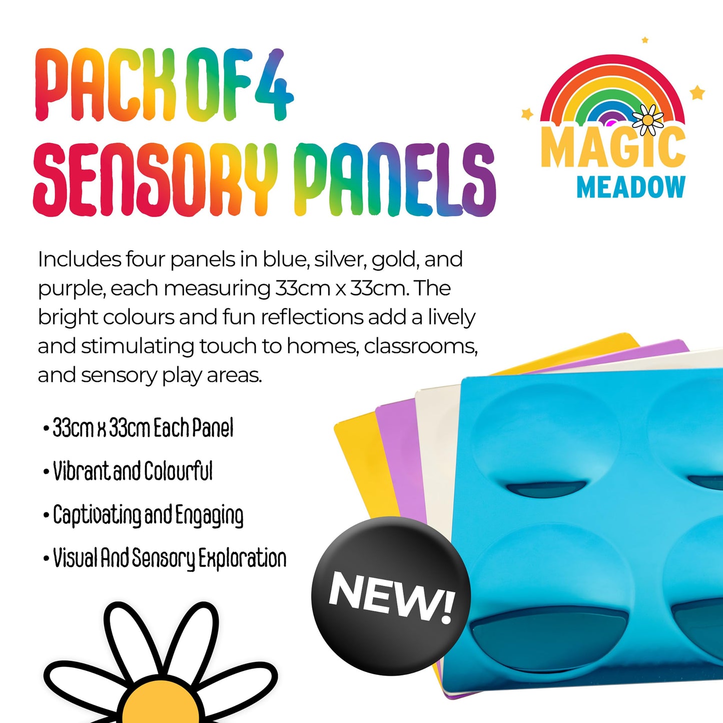 MagicMeadow Bubble Convex Mirror Panels | Sensory Wall Toy for Kids | Visual Stimulation & Interactive Play | Autism Sensory Equipment | Blue, Silver, Gold & Purple | 33cm x 33cm | Pack of 4