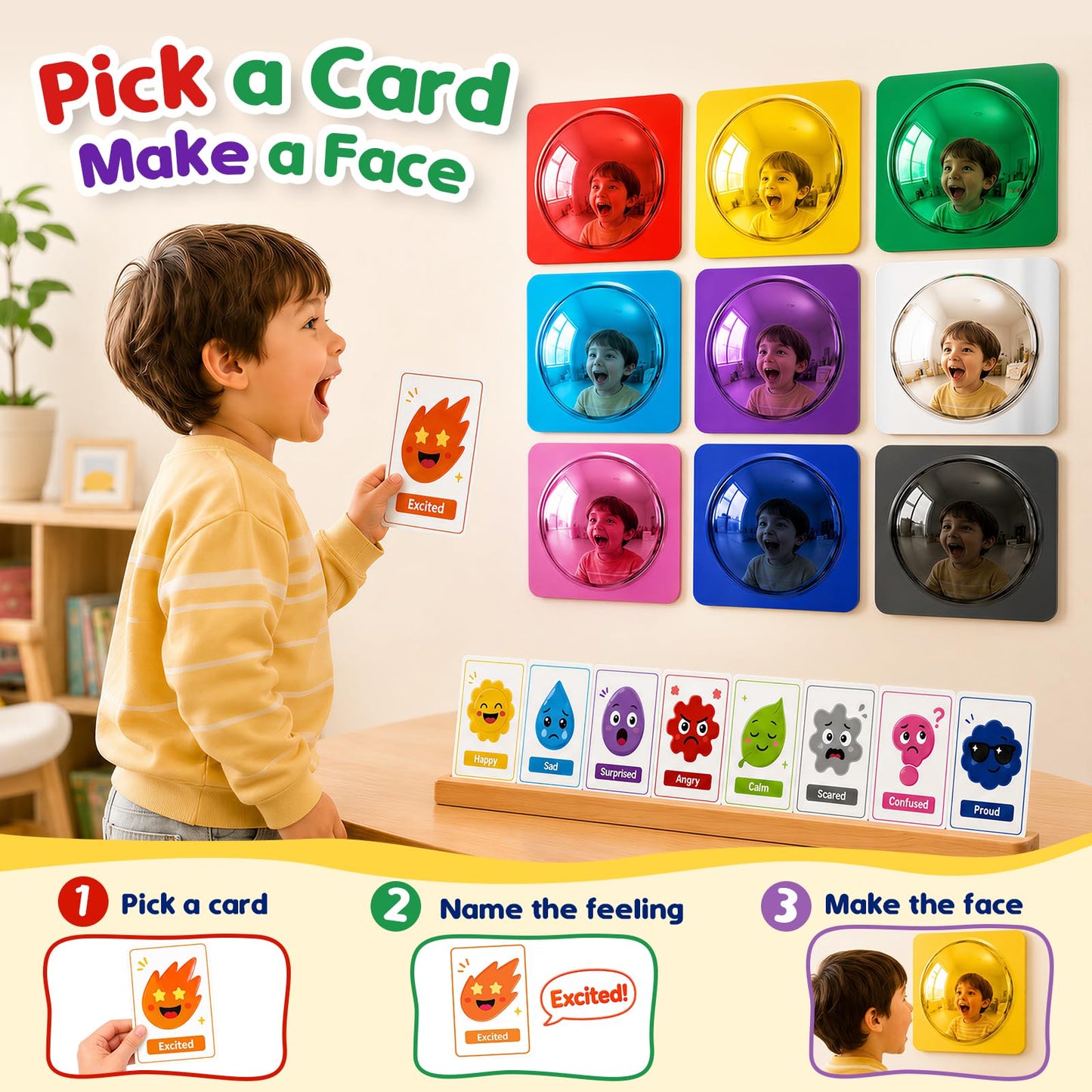 9 Pack Bubble Convex Mirror Panels with Mood Cards– Sensory Wall Toys for Autism, Visual Perception Training Acrylic Sensory Equipment, Calming Corner Items for Kids