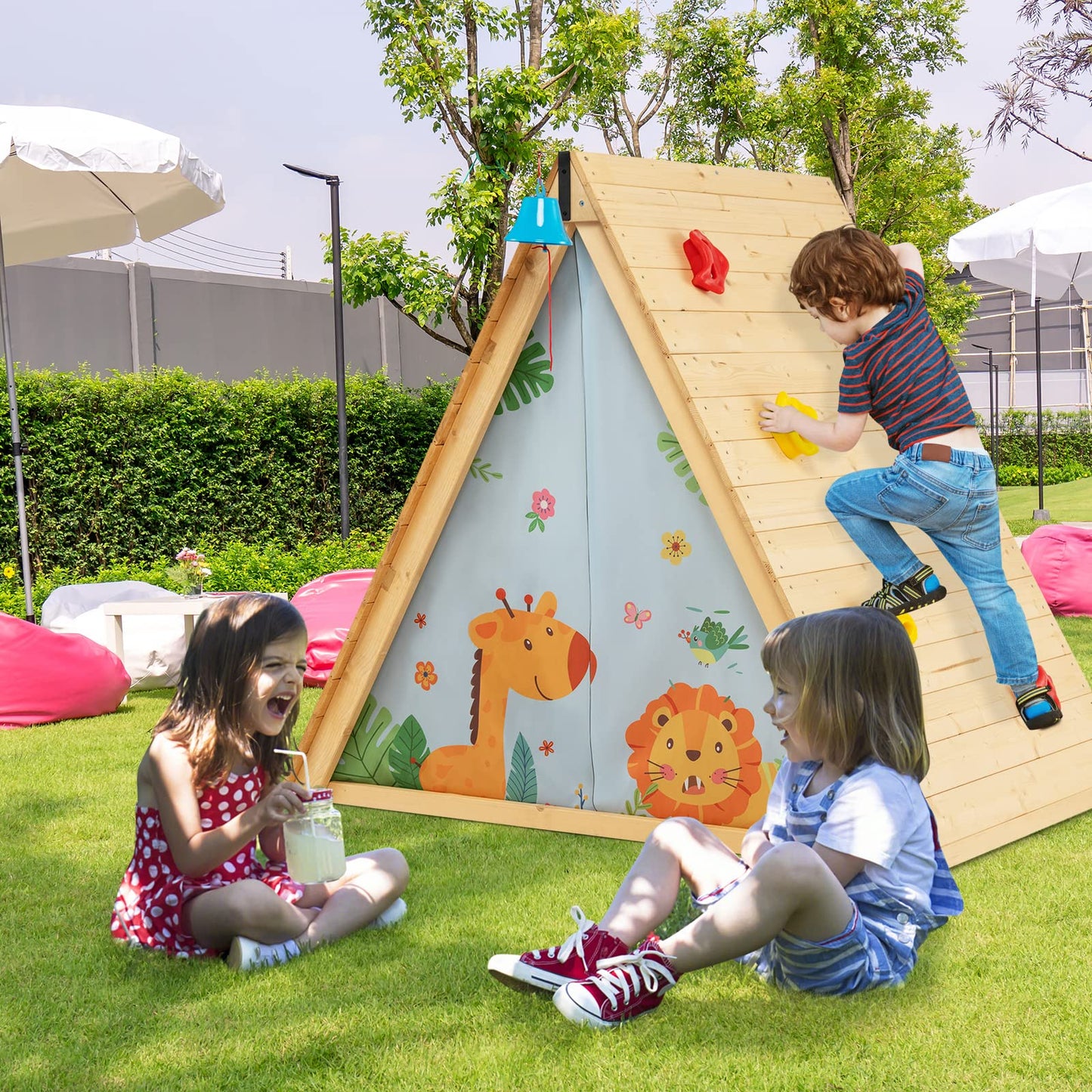GYMAX Kids Wooden Playhouse, 2 in 1 Play Tent with Rock Climbing Wall, Ring Bell & Door
