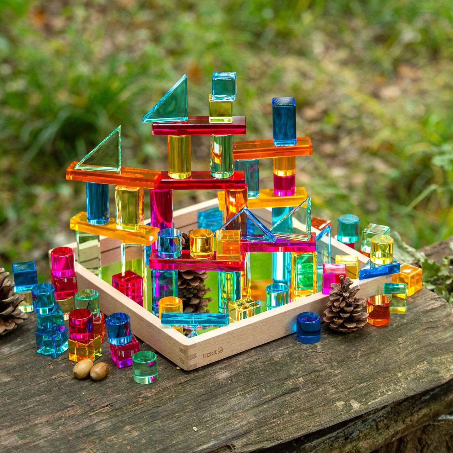 tickit Wooden Building Blocks & Crystal Gem Cubes Construction Set with Storage Tray – Mixed Shape Blocks for Stacking, Balance, Architecture, Small World & Creative Play