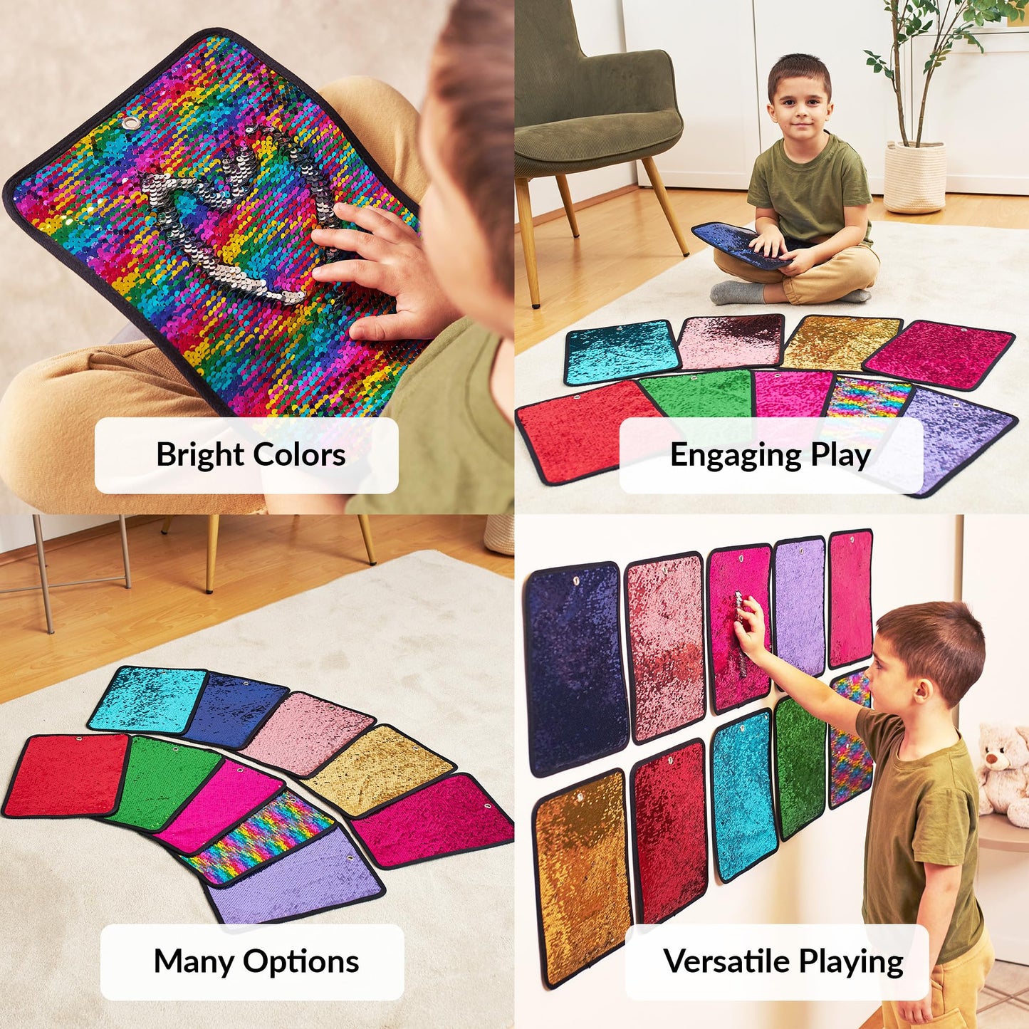 ODOXIA Sequin Fabric Mats | Sensory Wall | Reversible Flip Sequin Fabric | Sensory Tiles for Kids | 10-Pack Mats (Rectangle)