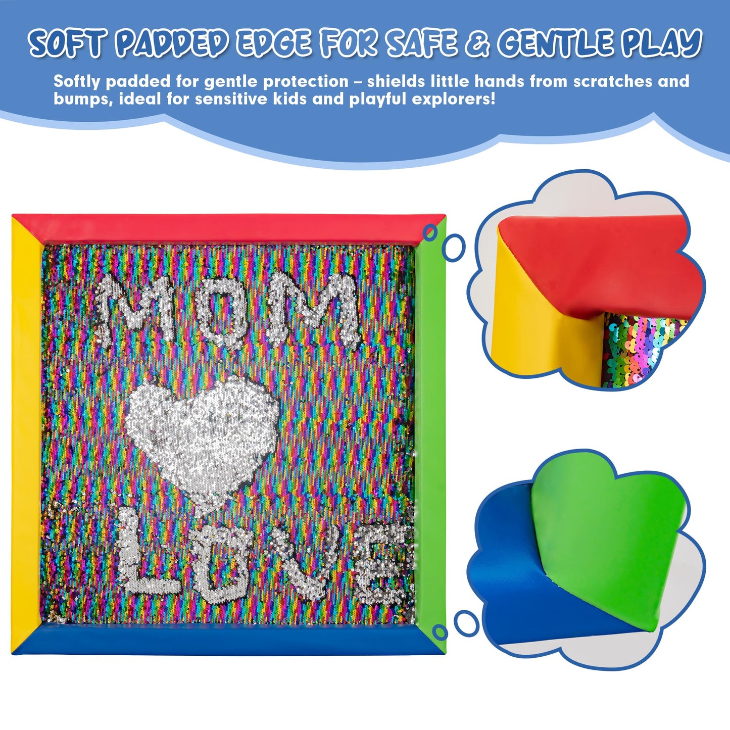 Midnight Rainbow Sequin Sensory Panel – 33"x33" Square Sided Reversible Sequin Touch Fabric Board with Soft Padded Frame – Stimulating Sensory Play for Kids, Therapy & Home Use (Rainbow Frame)