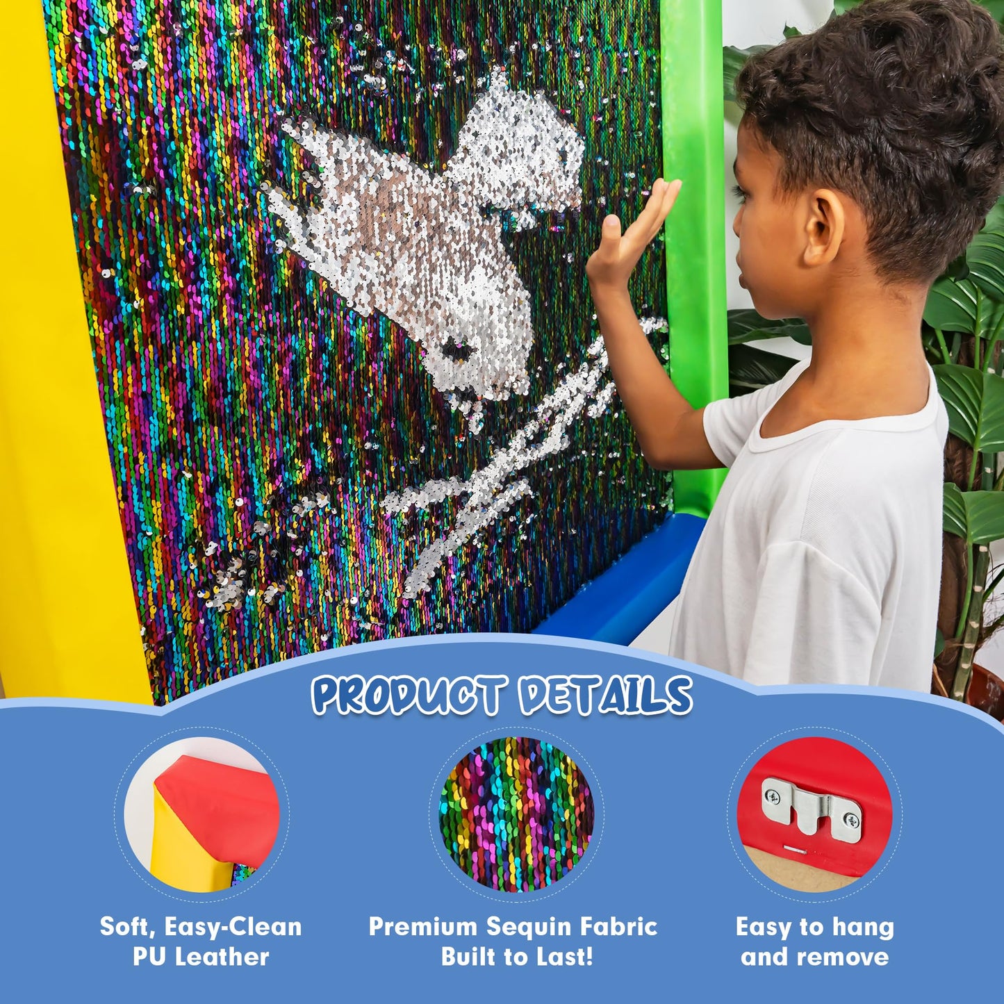 Midnight Rainbow Sequin Sensory Panel – 33"x33" Square Sided Reversible Sequin Touch Fabric Board with Soft Padded Frame – Stimulating Sensory Play for Kids, Therapy & Home Use (Rainbow Frame)