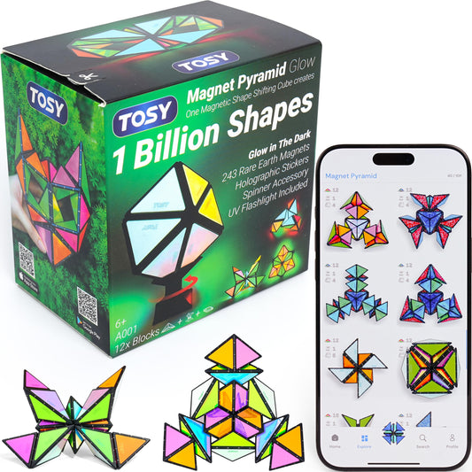 TOSY Magnet Pyramid Glow - 1 Cube Transforms into 1 Billion Shapes, 12 pieces, 243 Magnets, Glowing, Holographic Design Magnet Tiles Creative Puzzle STEM/STEAM Toy