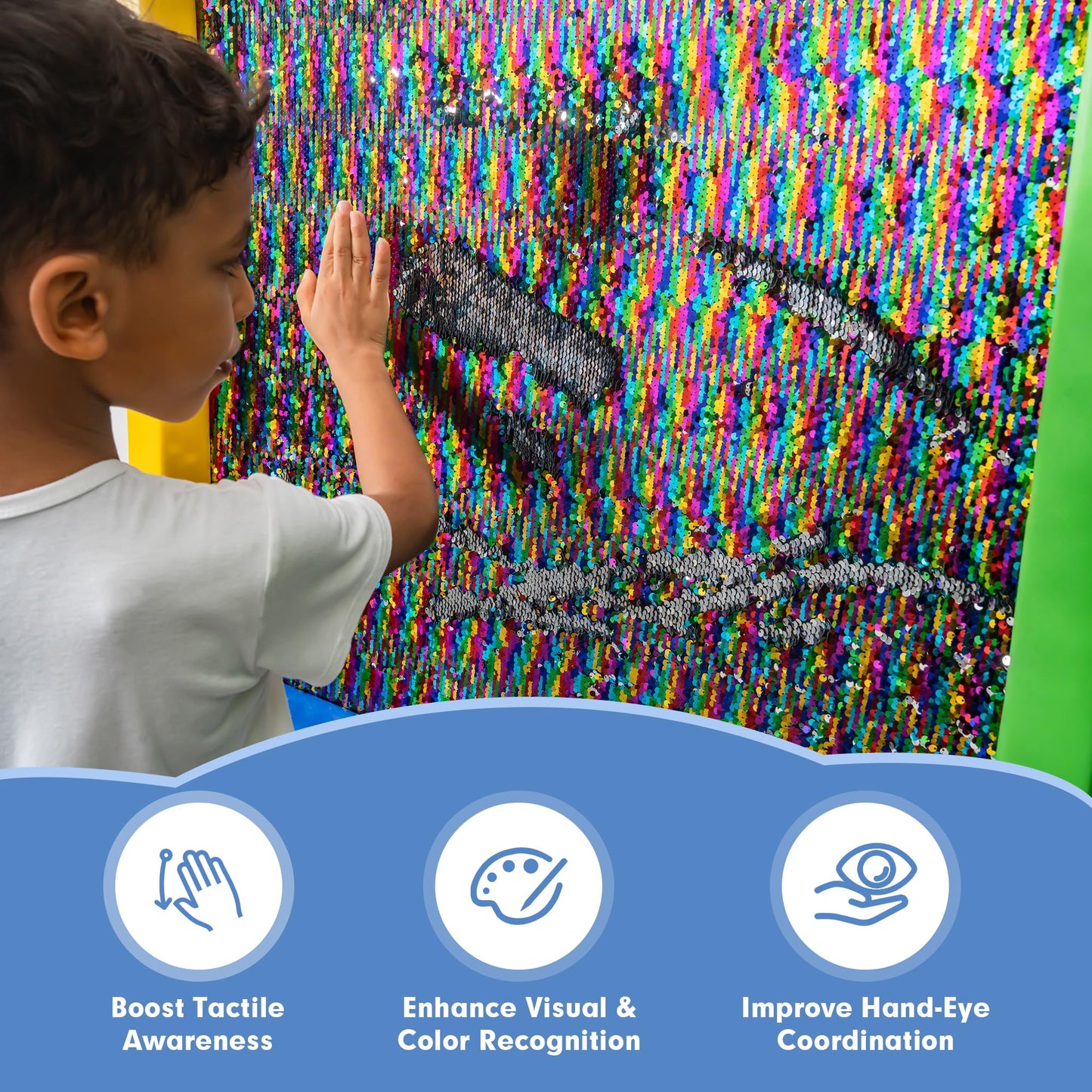 Midnight Rainbow Sequin Sensory Panel – 33"x33" Square Sided Reversible Sequin Touch Fabric Board with Soft Padded Frame – Stimulating Sensory Play for Kids, Therapy & Home Use (Rainbow Frame)