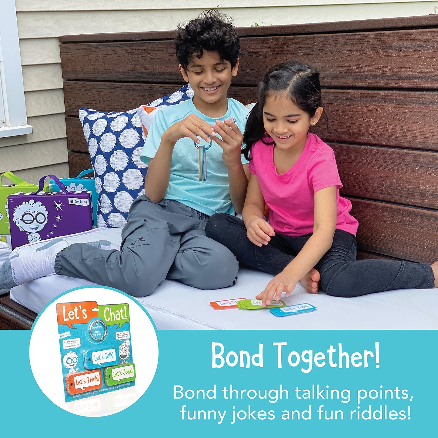 Let’s Chat 3-in-1 Conversation Starters Cards for Kids - Grab and Go Travel Card Games for Car, Airplanes - Talk, Think, Joke Cards - Ages 4+